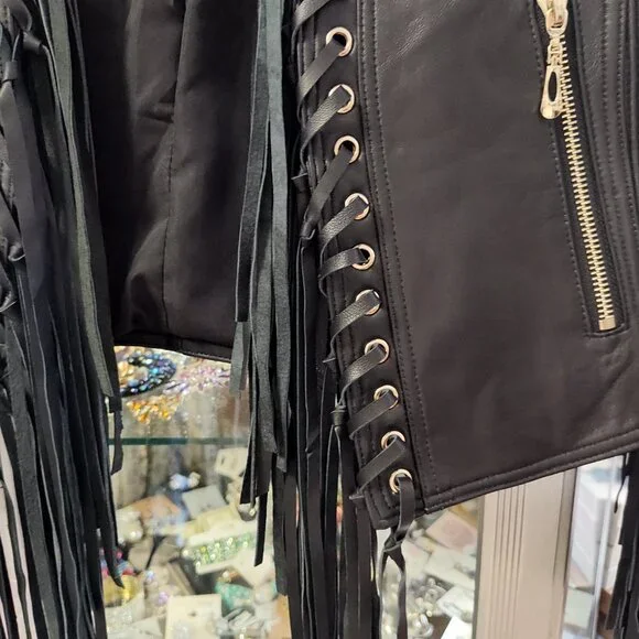 MADONNA & CO LUXE FRINGE LEATHER BOLERO JACKET BIKER BABE RARE - Picture 4 of 8